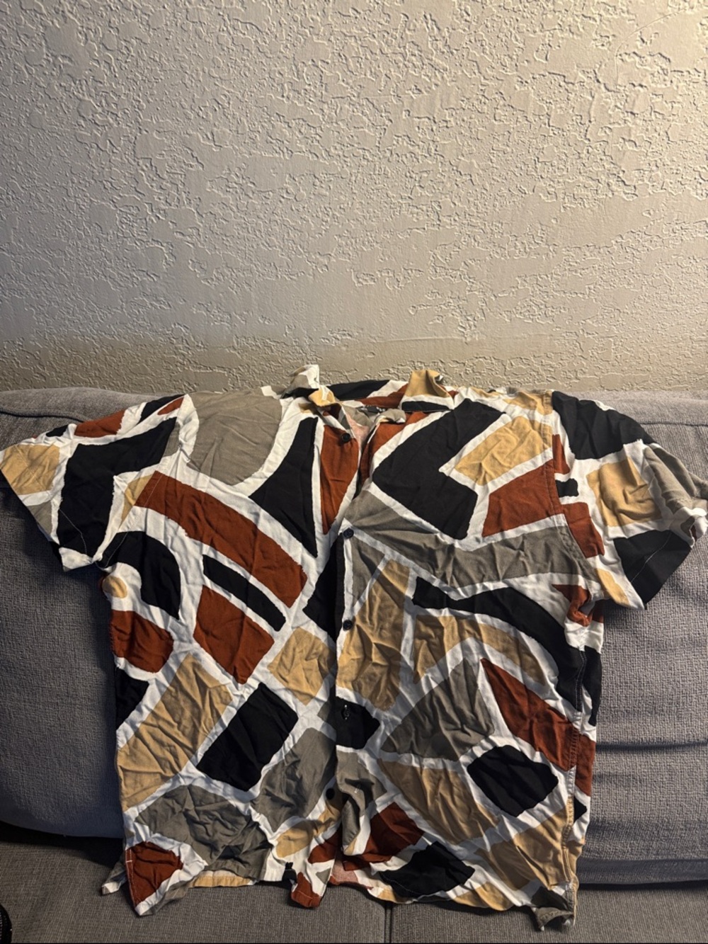 Abstract Geometric Short Sleeve Button-Up Shirt in Rust, Black, Gray, Cream